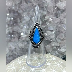 Vintage Turquoise & Marcasite Teardrop Ring 925